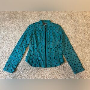 Vintage Teal Leather and Black Mesh with Silver Rivets Jacket in Small